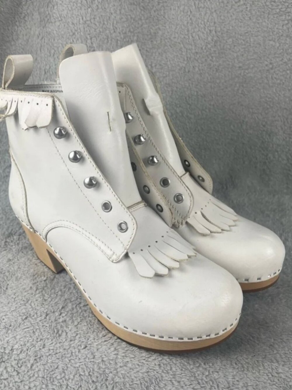 SWEDISH HASBEENS Wood Clog White Leather Kiltie Lace Up Booties 40 - Picture 12 of 16